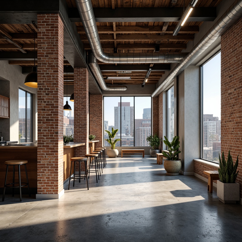 Prompt: Exposed brick walls, industrial-style lighting fixtures, reclaimed wood accents, metal beams, concrete floors, urban cityscape views, modern minimalist decor, functional pipes, distressed textures, neutral color palette, gritty urban atmosphere, natural light pouring in through large windows, shallow depth of field, 3/4 composition, realistic materials, ambient occlusion.