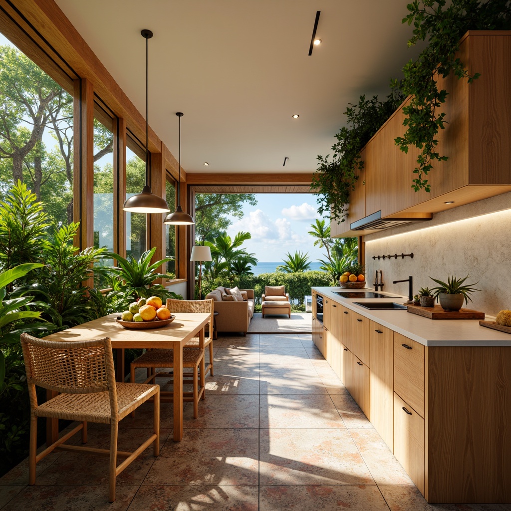 Prompt: Vibrant tropical kitchen, warm beige cabinets, polished wooden countertops, lush greenery, exotic fruit arrangements, soft warm lighting, pendant lamps, LED strips, under-cabinet illumination, ambient shadows, shallow depth of field, 1/1 composition, realistic textures, natural stone floors, woven rattan furniture, wicker decor, colorful ceramic tiles, ocean-inspired color palette, sunny day, bright sky, large windows, sliding glass doors, outdoor patio integration.