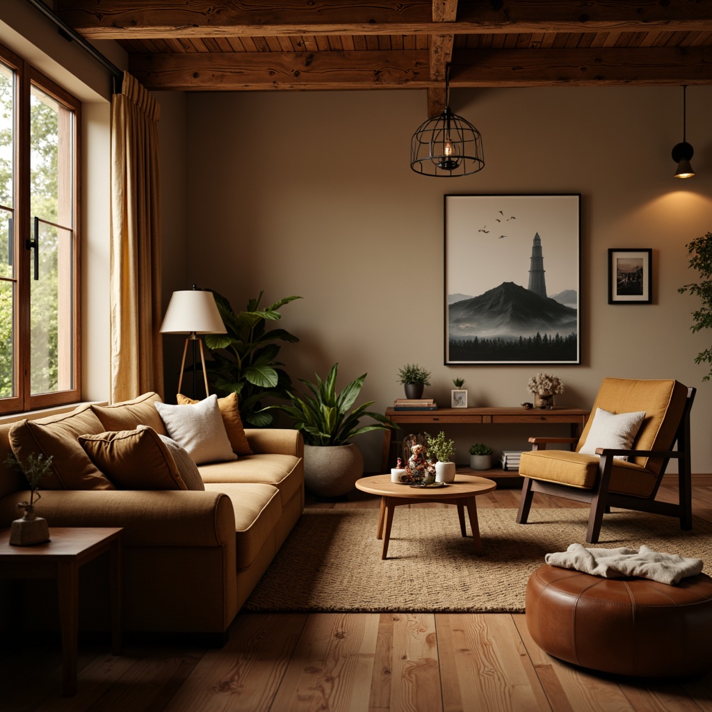 Prompt: Cozy family room, warm atmosphere, plush furniture, soft cushions, natural wood tones, hardwood flooring, rustic textures, earthy colors, comfortable seating, floor lamps, table lamps, warm lighting, shallow depth of field, 1/1 composition, realistic reflections, ambient occlusion.