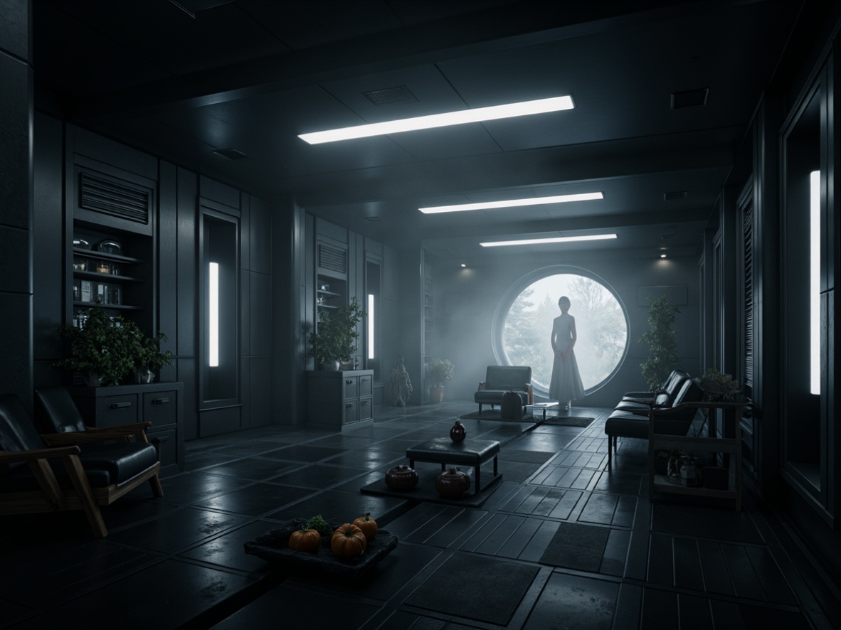 Prompt: Sparse astronautical habitat, zero-gravity environment, metallic surfaces, sleek lines, futuristic architecture, minimal decor, monochromatic color scheme, dim soft lighting, atmospheric fog, subtle shadows, cinematic camera angles, shallow depth of field, 3/4 composition, realistic reflections, ambient occlusion, sci-fi ambiance, eerie silence, isolated atmosphere, vast emptiness.