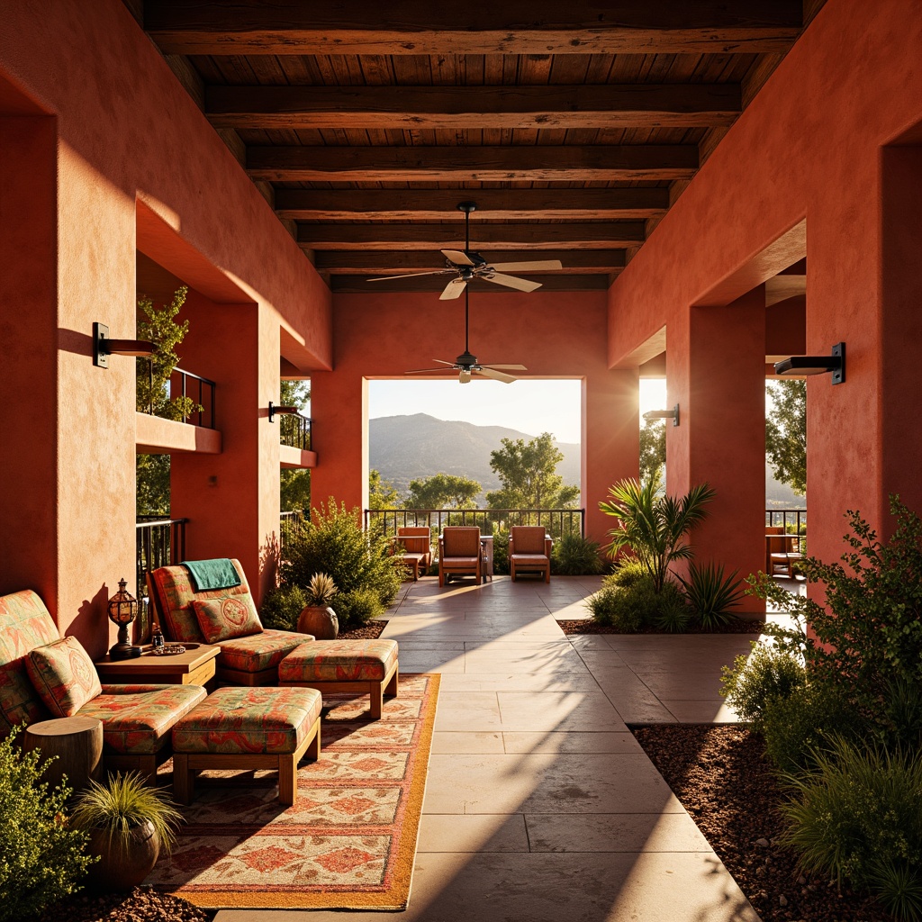 Prompt: Vibrant southwestern casino, terracotta red walls, turquoise accents, golden lighting, rich wood tones, lavish furnishings, ornate metalwork, geometric patterns, Native American-inspired textiles, bold tribal prints, warm beige stone floors, lush greenery, sun-kissed outdoor spaces, panoramic views of desert landscapes, dramatic sunset hues, soft warm glow, shallow depth of field, 3/4 composition, realistic textures, ambient occlusion.