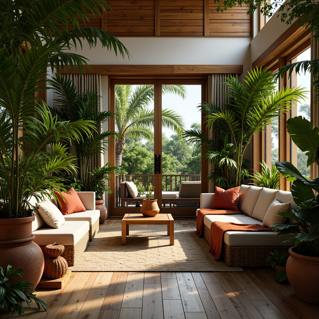 Prompt: Lush tropical living room, vibrant greenery, exotic palm trees, colorful flowering plants, natural wood accents, woven rattan furniture, earthy terracotta pots, soft warm lighting, cozy throw blankets, plush cushions, refreshing misting system, humidifier, tropical leaf patterns, botanical prints, wooden shutters, sliding glass doors, serene ambiance, 1/1 composition, shallow depth of field, realistic textures.