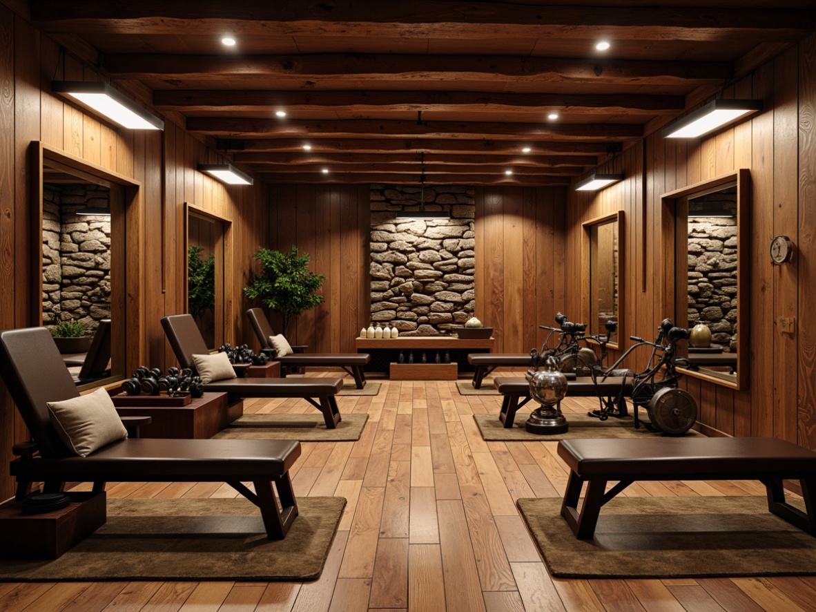 Prompt: Cozy home gym, traditional wood accents, rustic flooring, earthy color palette, vintage weights, leather-bound benches, metal dumbbells, exercise mats, mirrored walls, dimmable warm lighting, natural stone feature wall, wooden ceiling beams, nostalgic decorative items, distressed finishes, ornate ironwork, serene atmosphere, soft focus blur, shallow depth of field, 1/2 composition, realistic textures, ambient occlusion.