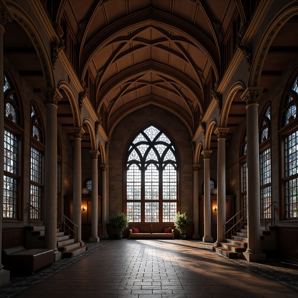 Prompt: Grandiose archways, vaulted ceilings, ribbed vaults, ornate carvings, stained glass windows, intricately patterned floors, dark wood paneling, rich velvet drapes, majestic stone columns, mysterious ambiance, warm soft lighting, dramatic shadows, 1/1 composition, low-key photography, realistic textures, subtle atmospheric effects.