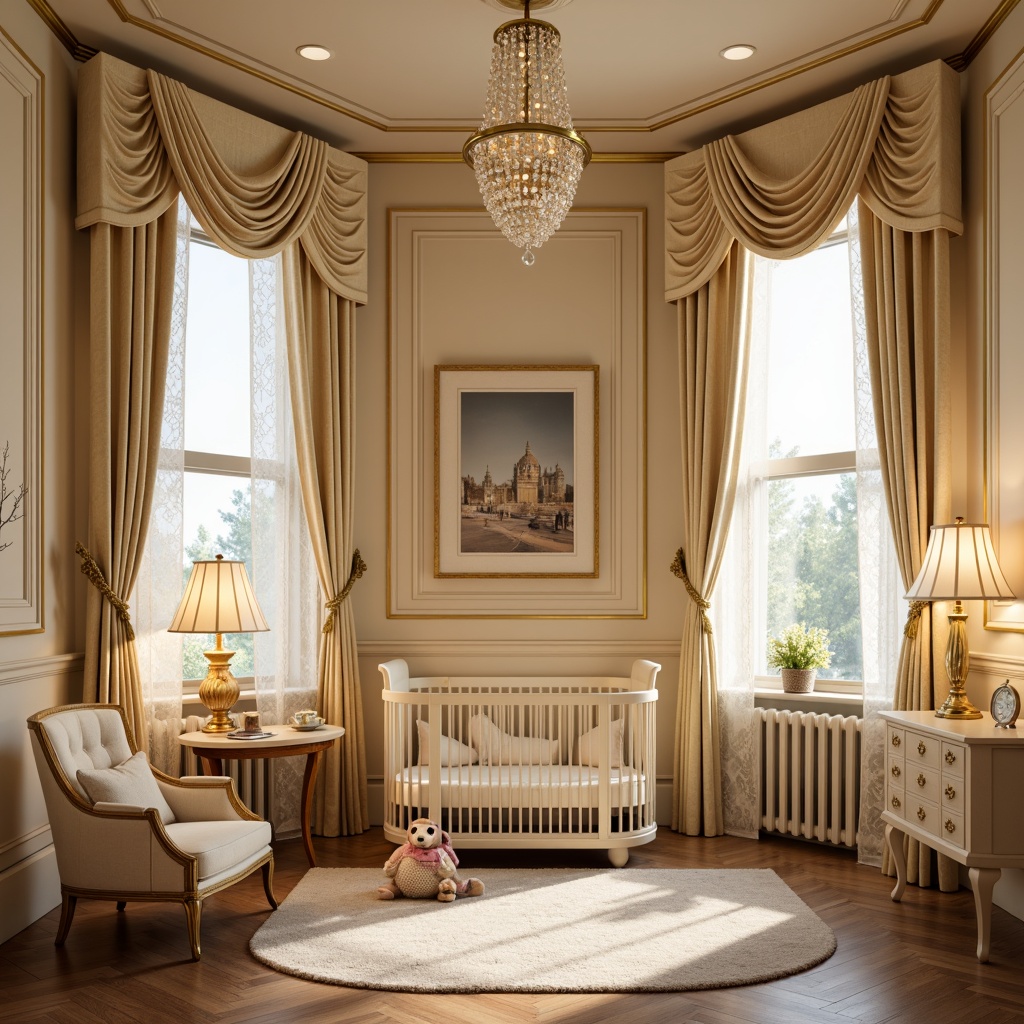 Prompt: Art Deco baby room, warm creamy walls, ornate golden fixtures, plush velvet drapes, vintage-inspired crib, delicate lace curtains, soft pastel colors, rounded geometric shapes, metallic accents, crystal chandelier, table lamps with sculpted bases, floor lamp with fringed shade, cozy reading nook, gentle warm glow, softbox lighting, shallow depth of field, 1/1 composition, realistic textures, ambient occlusion.