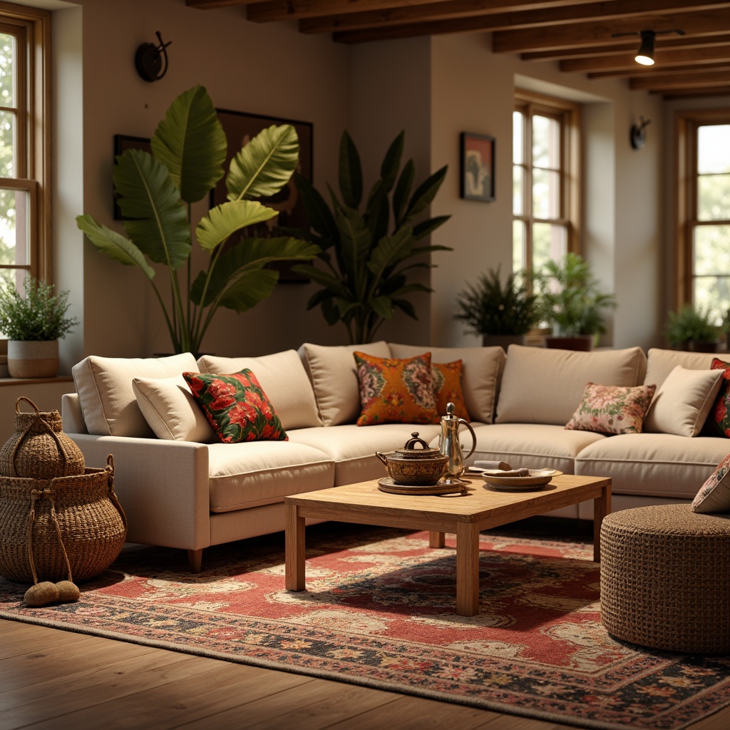 Prompt: Cozy living room, plush velvet sofa, soft cushioned armchairs, warm beige carpeting, natural wood coffee table, textured woven baskets, vibrant colorful throw pillows, intricate geometric patterned rugs, comfortable sectional seating, ambient soft lighting, 3/4 composition, shallow depth of field, realistic textures, warm golden hour, inviting atmosphere.