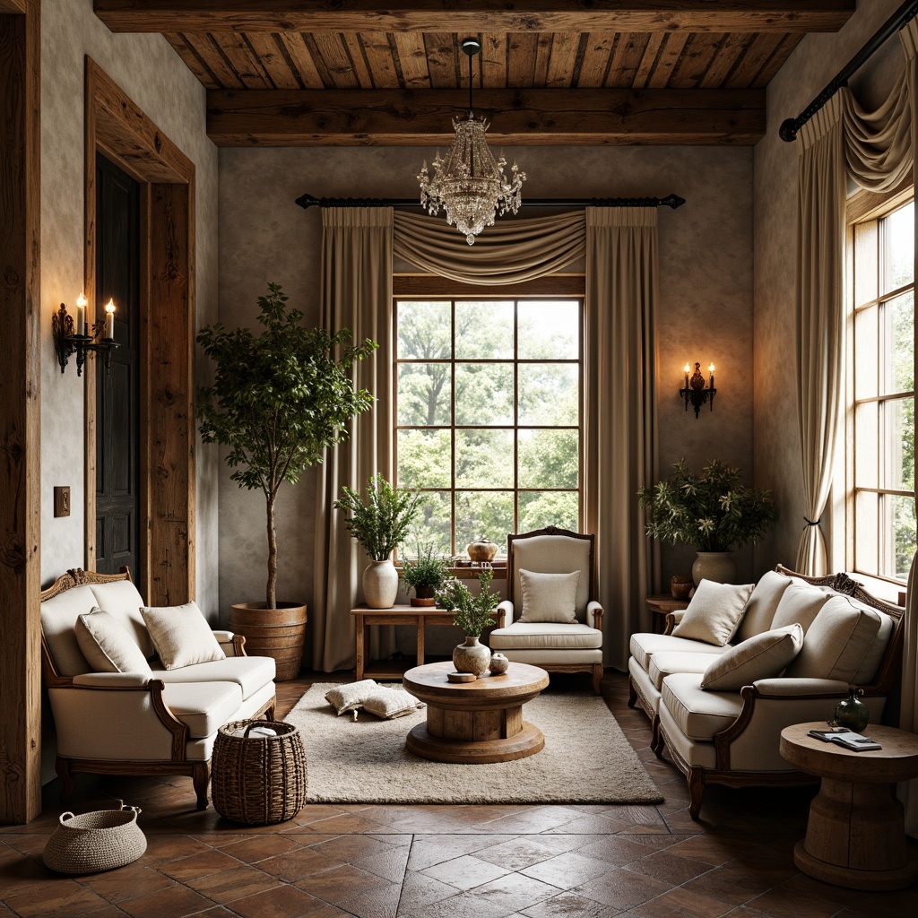 Prompt: Rustic French country interior, distressed wood accents, soft linen fabrics, vintage ornate furniture, carved wooden chairs, plush velvet sofas, elegant crystal chandeliers, natural stone flooring, earthy color palette, warm candlelight, cozy reading nooks, classic Louis XVI armchairs, delicate lace curtains, antique decorative accessories, rustic metal hardware, woven wicker baskets, fresh flower arrangements, soft sunlight streaming through windows, 3/4 composition, shallow depth of field, realistic textures.