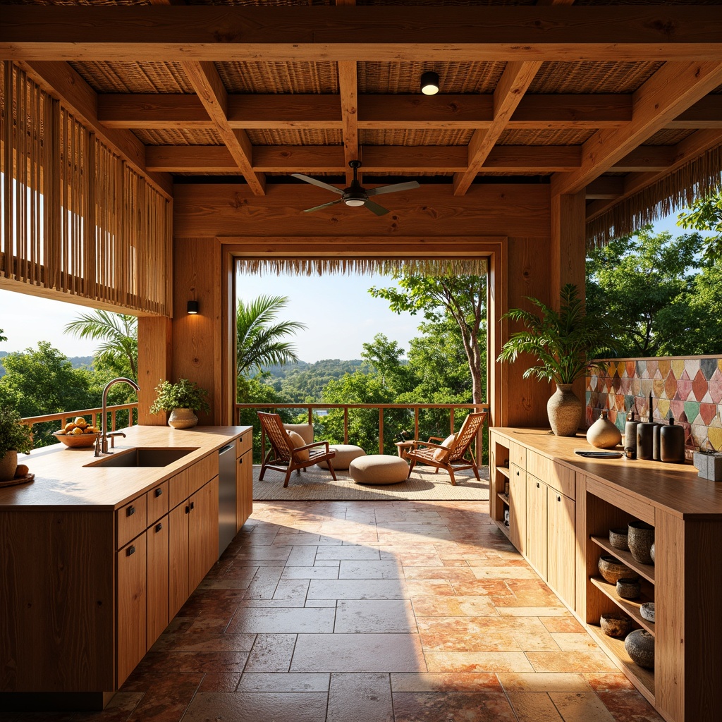 Prompt: Vibrant tropical kitchen, exotic wood flooring, warm golden teak, rich walnut, polished bamboo, natural stone tiles, earthy terracotta, colorful ceramic mosaics, bold geometric patterns, textured woven fibers, organic natural materials, lush greenery, bright sunlight, soft warm lighting, shallow depth of field, 3/4 composition, panoramic view, realistic textures, ambient occlusion.