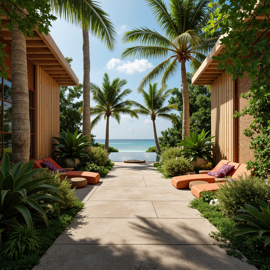 Prompt: Vibrant tropical plants, exotic palm trees, natural wood accents, woven rattan furniture, colorful tiki torches, lush green walls, calming water features, serene ocean views, warm sandy floors, organic stone pathways, curved lines, minimalist decor, airy open spaces, high ceilings, large windows, sliding glass doors, soft diffused lighting, shallow depth of field, 1/1 composition, realistic textures, ambient occlusion.