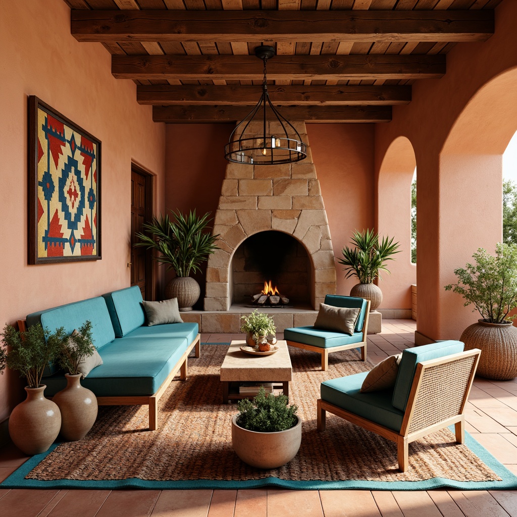 Prompt: Earthy southwestern interior, warm terracotta tones, natural adobe walls, reclaimed wood accents, woven wicker furniture, vibrant turquoise hues, bold geometric patterns, plush Navajo-inspired textiles, rough-hewn stone fireplaces, rustic metal lighting fixtures, earthy ceramic vases, potted cacti and succulents, soft warm lighting, shallow depth of field, 3/4 composition, realistic textures, ambient occlusion.