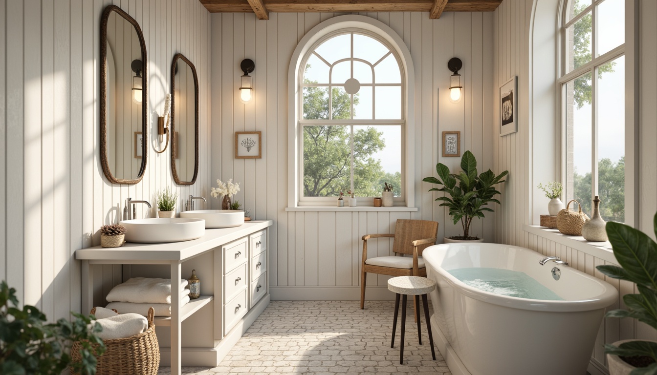 Prompt: Soft ocean breeze, calming coastal vibe, serene powder room, elegant vanity design, driftwood accents, sea glass tiles, shiplap walls, natural textiles, woven baskets, nautical ropes, subtle shell patterns, warm beige colors, creamy whites, soft blues, spa-like ambiance, relaxing atmosphere, LED lighting, ornate mirrors, polished chrome fixtures, delicate seashells, organic shapes, beachy keystone arches, 1/2 composition, shallow depth of field, warm natural light.