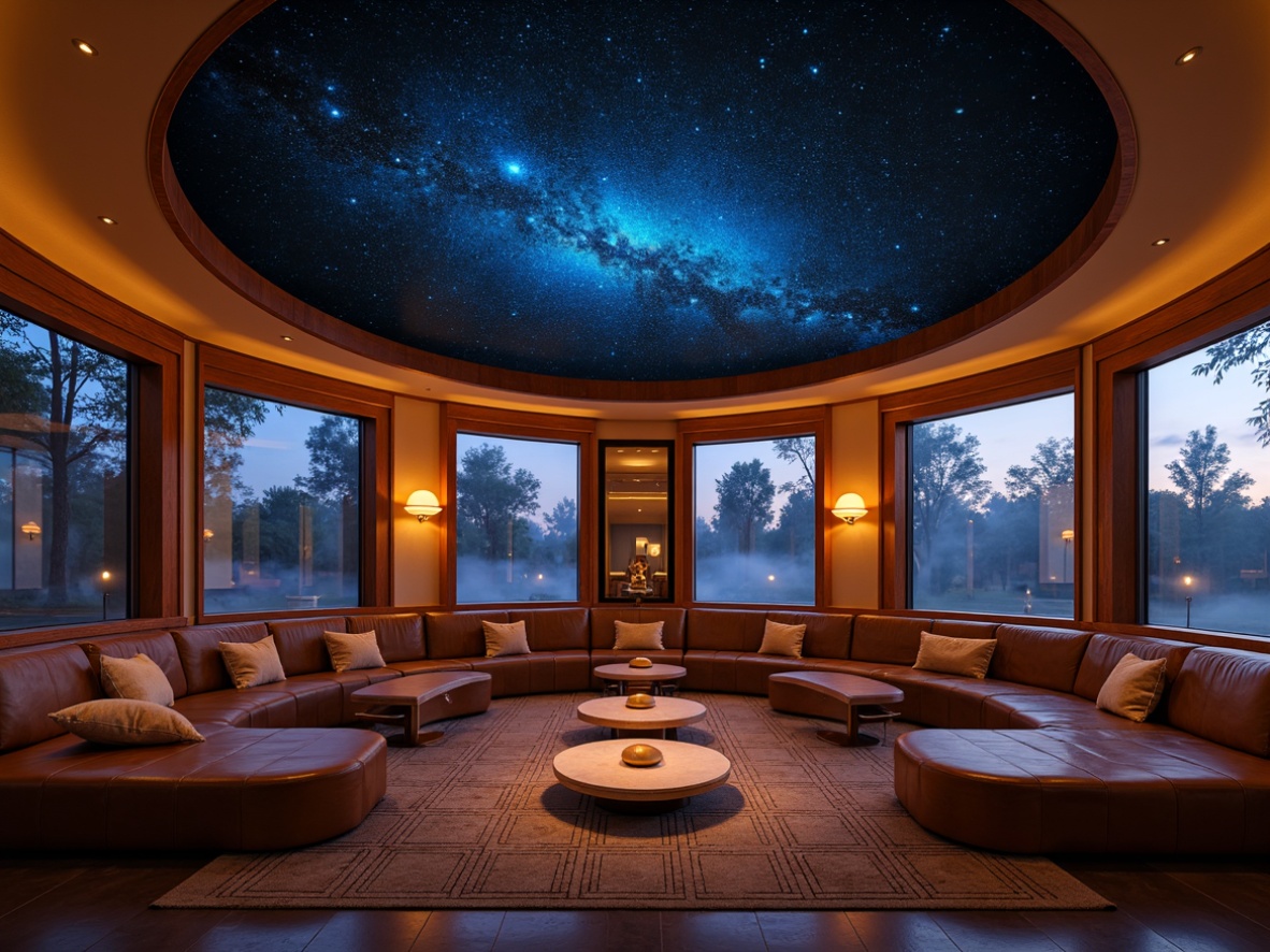 Prompt: Cosmic planetarium, mid-century modern interior design, starry night sky, dark blues and purples, rich wood tones, walnut paneling, leather upholstery, brass accents, geometric patterns, constellation-inspired textiles, ambient soft lighting, spherical chandeliers, rounded furniture silhouettes, minimalist decor, retro-futuristic vibes, warm beige walls, deep charcoal grays, pop of bright celestial colors, subtle gradient effects, atmospheric misty ambiance, 3/4 composition, cinematic wide-angle view, realistic reflections, detailed textures.