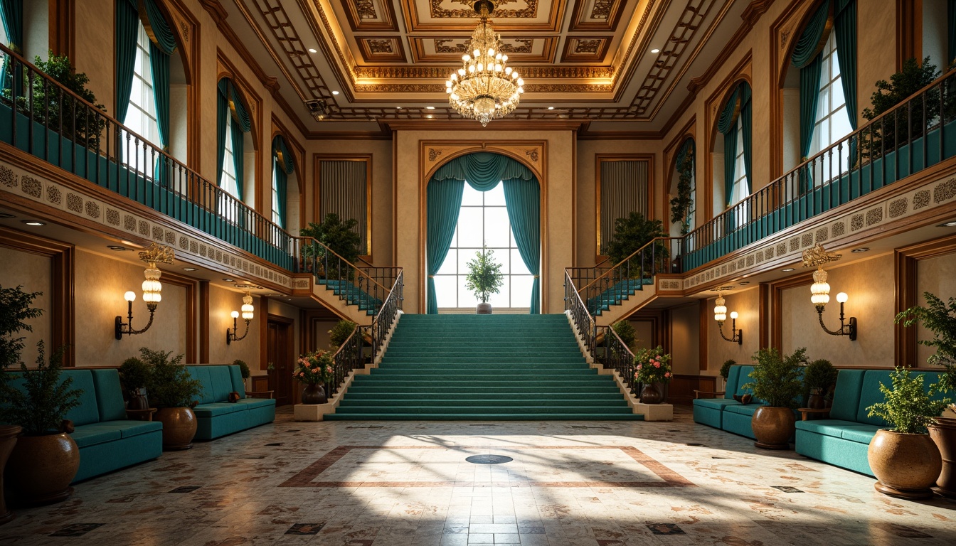 Prompt: \Grand amphitheater, ornate Art Deco architecture, luxurious terrazzo flooring, intricate geometric patterns, ornamental metal railings, sweeping staircases, lavish chandeliers, opulent velvet curtains, rich wood paneling, polished chrome accents, vibrant turquoise hues, sunlit afternoon, warm soft lighting, shallow depth of field, 2/3 composition, symmetrical framing, realistic textures, ambient occlusion.\Let me know if you need any adjustments!