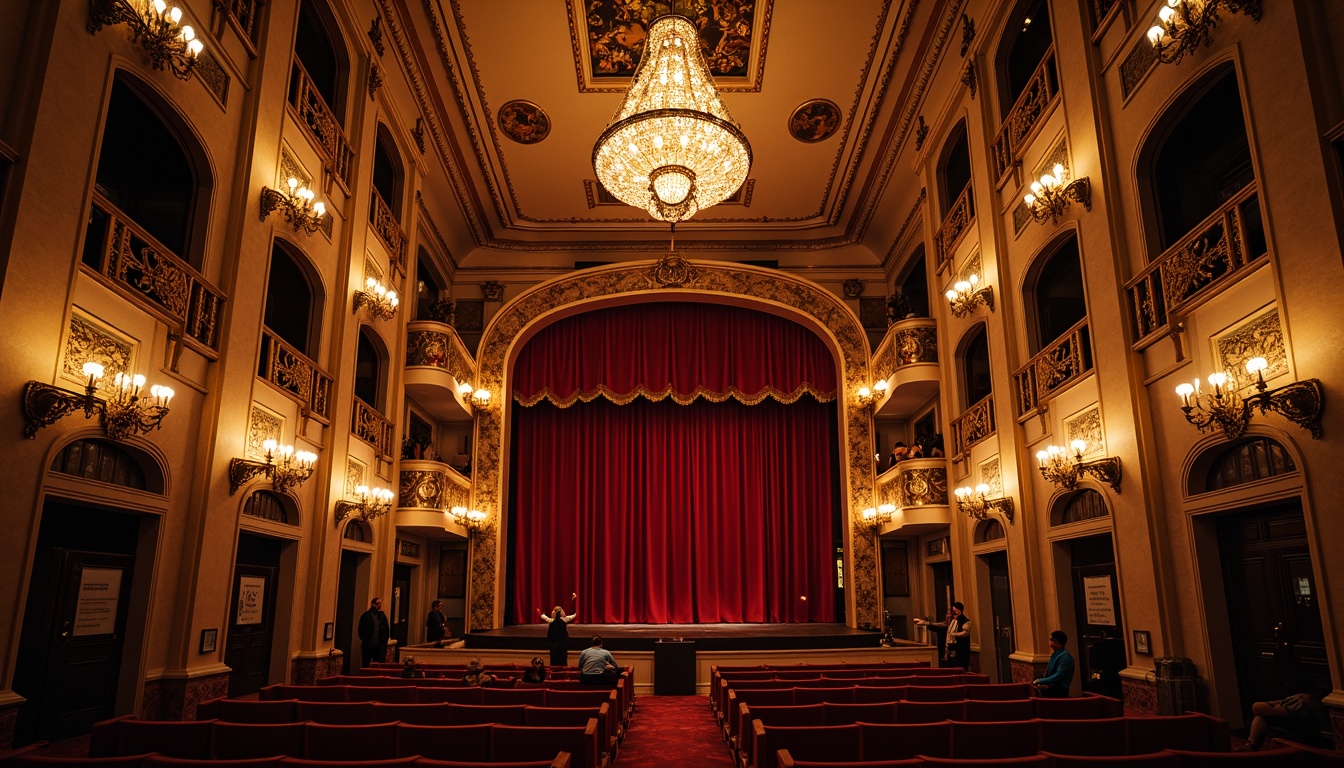 Prompt: Ornate theater interior, Baroque-style architecture, grand chandeliers, crystal sconces, warm golden lighting, soft candlelight, rich velvet drapes, gilded frames, intricate moldings, ornamental frescoes, luxurious fabrics, crimson red accents, dramatic spotlights, subtle sidelighting, layered textures, atmospheric ambiance, 1/1 composition, shallow depth of field, high-contrast ratio.