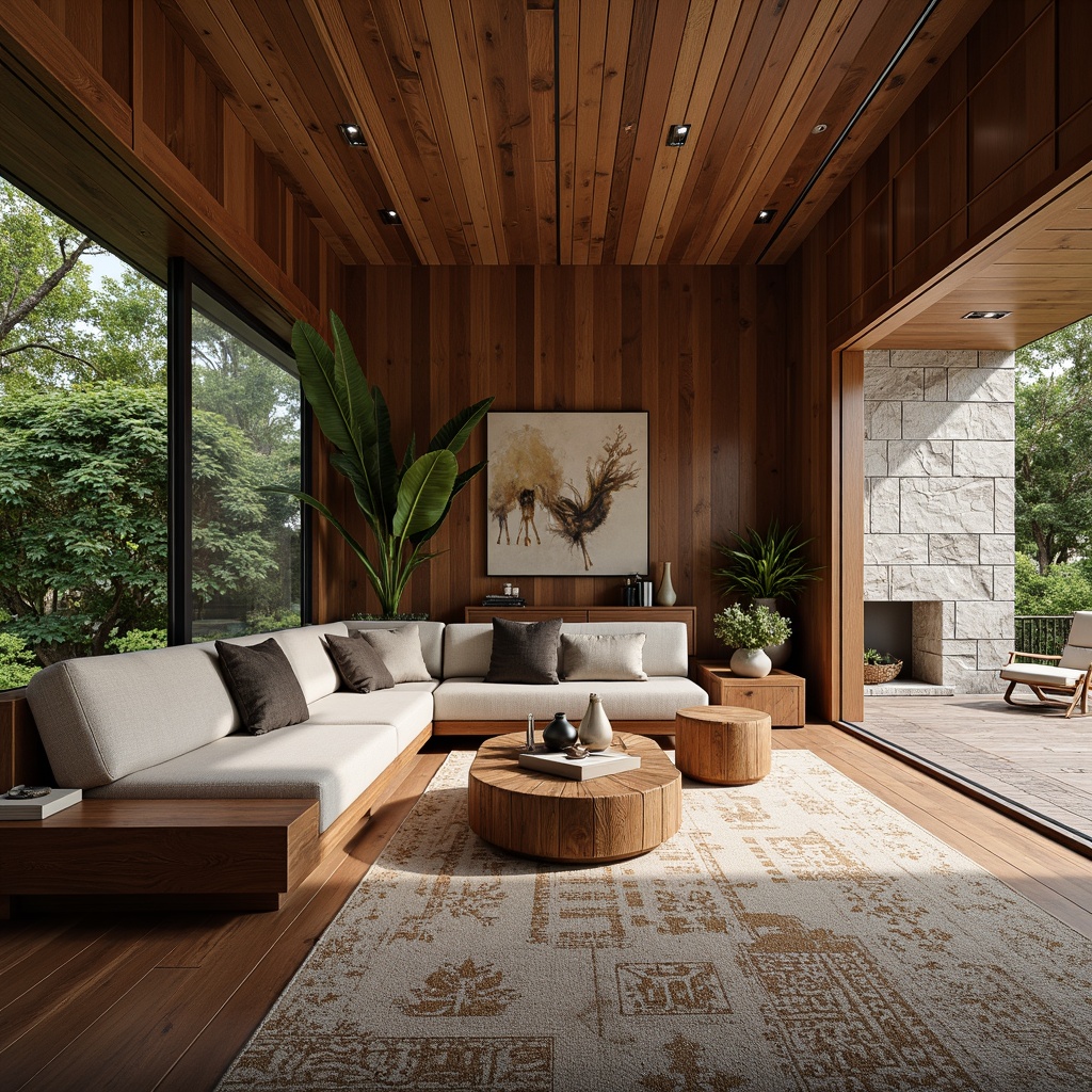 Prompt: Rich walnut wood panels, natural stone walls, geometric patterned rugs, sleek low-profile furniture, organic shaped decor, earthy tone color palette, abundant greenery, floor-to-ceiling windows, sliding glass doors, warm ambient lighting, 3/4 composition, shallow depth of field, soft focus background, realistic textures, subtle bump mapping.