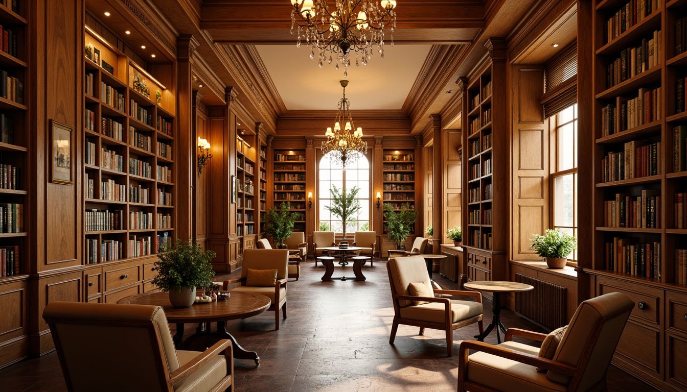 Prompt: Warm golden lighting, rich wood tones, ornate wooden shelves, leather-bound books, vintage bookcases, comfortable reading nooks, plush armchairs, soft cream-colored walls, elegant chandeliers, crystal glass fixtures, subtle warm glow, classic architectural details, high ceilings, large windows, natural stone floors, sophisticated atmosphere, 1/1 composition, shallow depth of field, realistic textures, ambient occlusion.