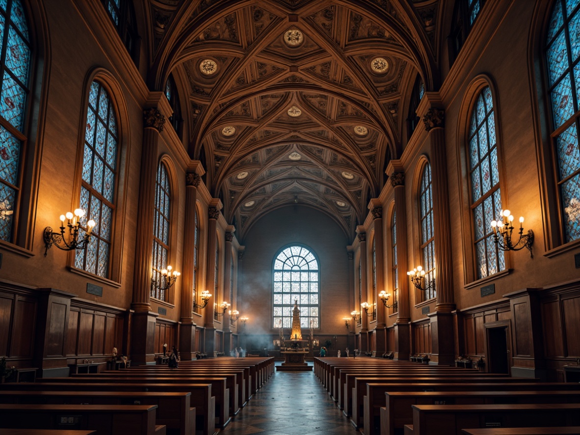 Prompt: Intricate vaulted ceilings, ribbed arches, ornate stone carvings, grand chandeliers, stained glass windows, majestic pillars, rich wood paneling, luxurious fabrics, regal furnishings, dramatic lighting, mysterious shadows, atmospheric ambiance, high contrast ratio, 1/1 composition, symmetrical framing, vivid color palette, ornamental details, mystical aura, sacred atmosphere.