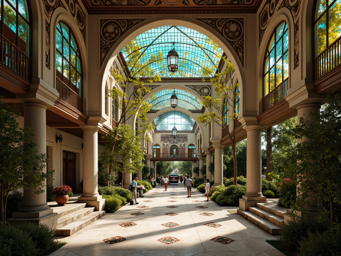 Prompt: Intricate floral patterns, ornate ironwork, flowing organic lines, grand entrance arches, stained glass domes, vibrant turquoise accents, lush greenery surroundings, natural stone foundations, delicate ceramic tiles, warm golden lighting, shallow depth of field, 1/1 composition, soft focus, realistic textures, ambient occlusion.