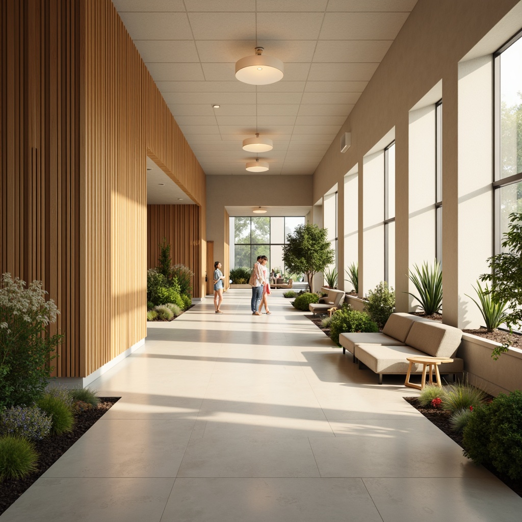 Prompt: Soothing hospital corridors, calming ambiance, warm gentle lighting, natural wood accents, soft pastel colors, comfortable seating areas, peaceful gardens, serene water features, minimalist decor, subtle aromatherapy, gentle diffused light, warm beige tones, organic shapes, biophilic design, circadian rhythm alignment, energy-efficient LED systems, warm color temperatures, cozy reading nooks, acoustic comfort, sound-absorbing materials, calming nature sounds, 1/1 composition, soft focus, realistic textures, ambient occlusion.