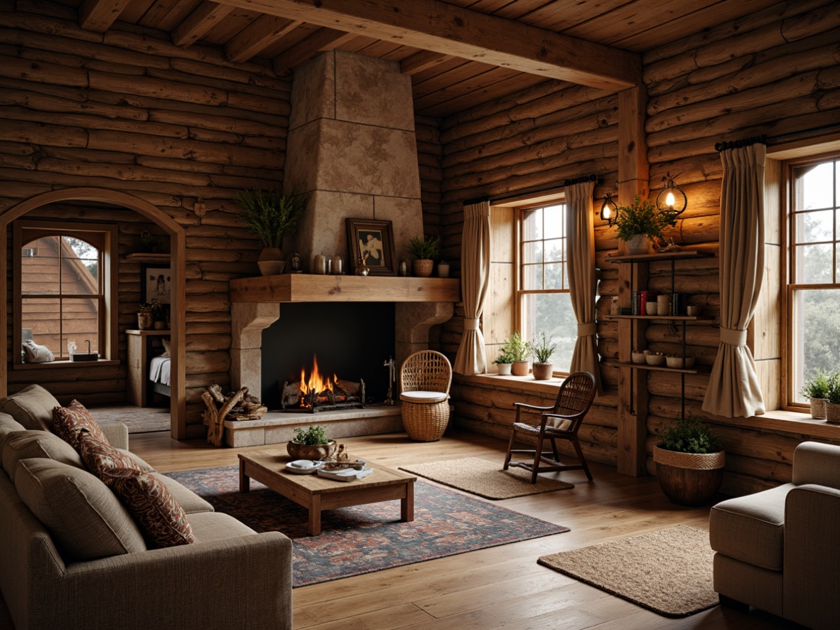 Prompt: Cozy cabin interior, wooden plank walls, distressed wood textures, natural stone fireplaces, earthy color palette, vintage furniture pieces, woven baskets, plush area rugs, warm ambient lighting, rustic metal accents, reclaimed wood shelves, brick archways, lantern-style lighting fixtures, soft focus, shallow depth of field, 2/3 composition, atmospheric perspective.