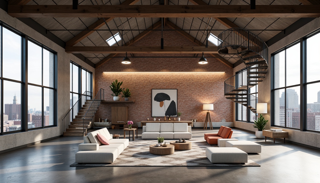 Prompt: Minimalist loft interior, industrial chic atmosphere, exposed brick walls, polished concrete floors, large open space, high ceilings, steel beams, wooden accents, functional modern furniture, sleek metal staircases, geometric patterned rugs, abstract artwork, plenty of natural light, floor-to-ceiling windows, urban cityscape views, 1/1 composition, soft diffused lighting, shallow depth of field, realistic textures, ambient occlusion.