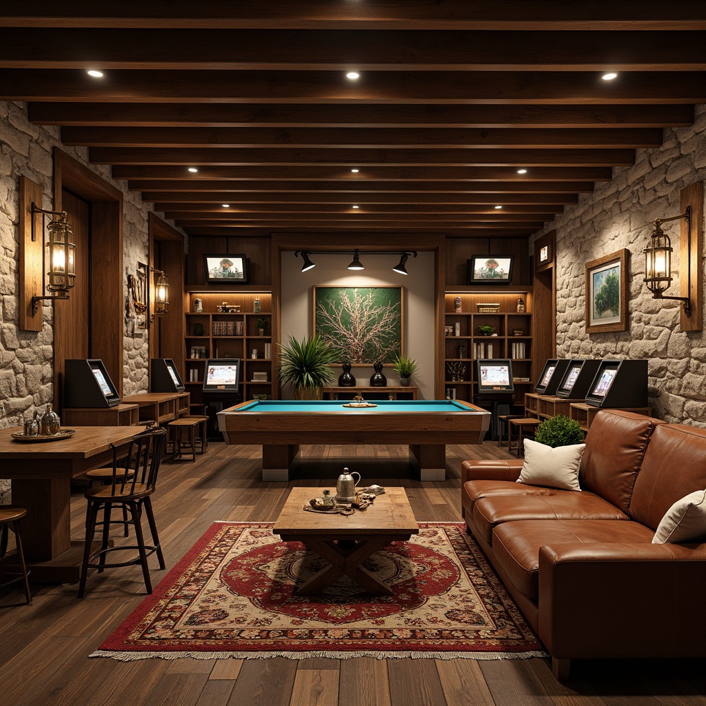 Prompt: Rustic game room, wooden accents, earthy tones, comfortable seating, vintage gaming consoles, rustic wooden tables, worn leather sofas, natural stone walls, dim warm lighting, cozy atmosphere, intimate setting, wooden shelving units, decorative metal lanterns, distressed wood flooring, plush area rugs, ambient occlusion, shallow depth of field, 3/4 composition, panoramic view.