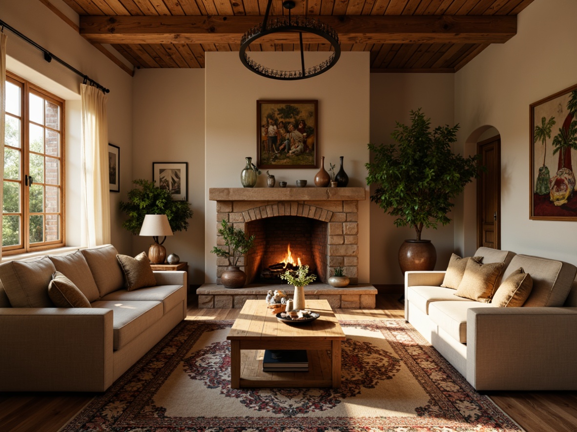 Prompt: Cozy living room, warm beige walls, rich wood accents, plush carpeting, comfortable sofas, soft cushions, rustic wooden coffee table, vintage metal lamp, earthy terracotta pots, lush green plants, natural stone fireplace, crackling fire, warm golden lighting, shallow depth of field, 1/1 composition, intimate atmosphere, inviting textures.