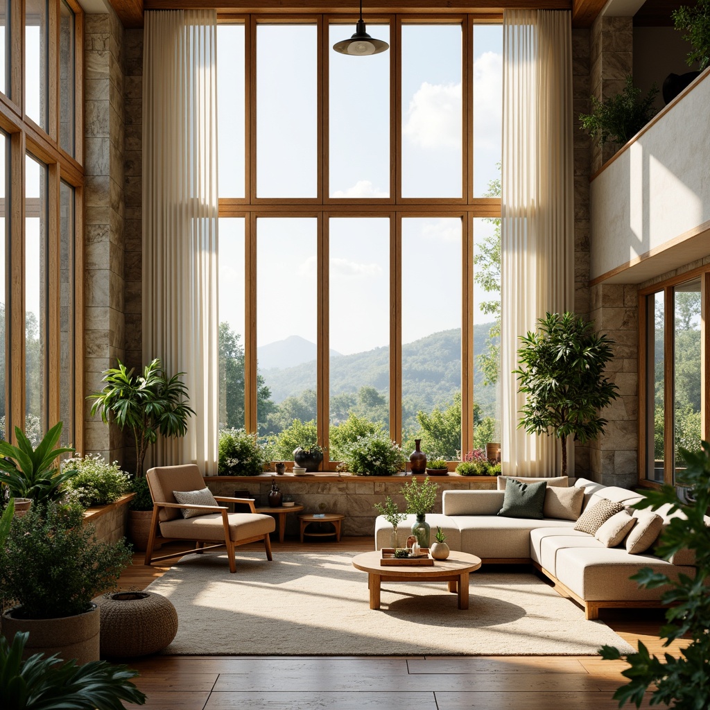 Prompt: Airy living room, floor-to-ceiling windows, sheer white curtains, natural wood flooring, minimalist decor, abundance of greenery, potted plants, skylight above, soft warm glow, indirect sunlight, gentle shadows, cozy reading nook, comfortable seating area, rustic stone walls, earthy color palette, organic textures, 1/1 composition, soft focus, shallow depth of field.