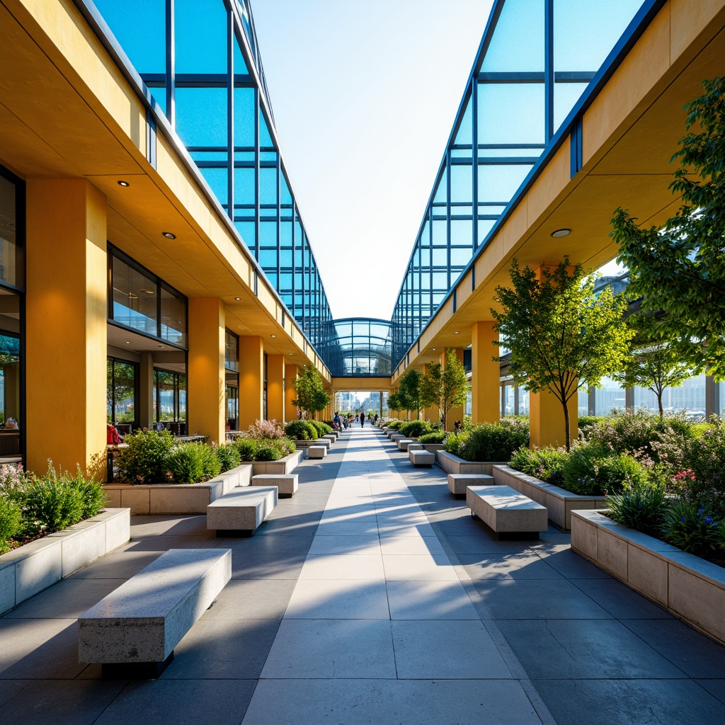 Prompt: Vibrant bus station, modern architecture, bold color scheme, bright yellow accents, deep blue tones, warm beige walls, sleek metal benches, glass roofs, natural stone floors, lush greenery, urban landscape, morning sunlight, soft warm lighting, shallow depth of field, 3/4 composition, panoramic view, realistic textures, ambient occlusion.Please let me know if this meets your requirements or if I need to make any adjustments!