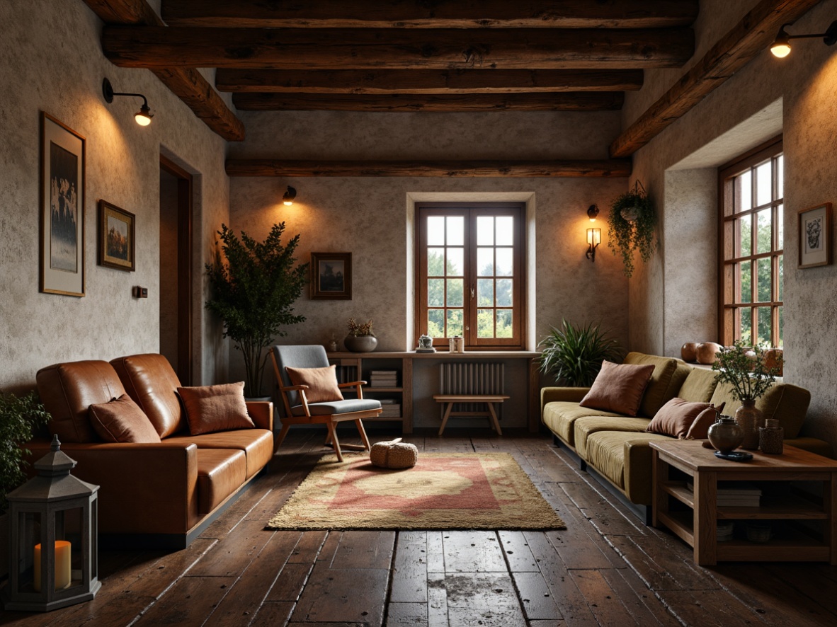 Prompt: Rustic interior setting, wooden accents, textured stone walls, earthy color palette, natural materials, vintage furniture, distressed wood flooring, exposed brick, metal lanterns, woven textiles, warm candlelight, shallow depth of field, 1/1 composition, atmospheric mist, soft focus, realistic rendering.