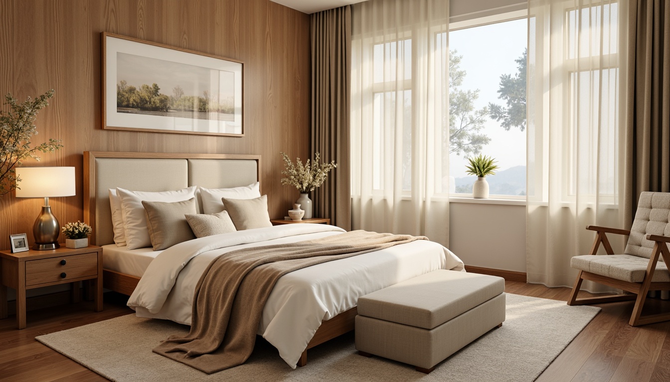 Prompt: Cozy bedroom, soft warm lighting, calming atmosphere, soothing color palette, gentle pastel hues, creamy whites, rich wood tones, plush carpets, comfortable bedding, serene ambiance, relaxing retreat, natural textiles, organic patterns, earthy undertones, muted saturation, 1/1 composition, shallow depth of field, realistic textures.