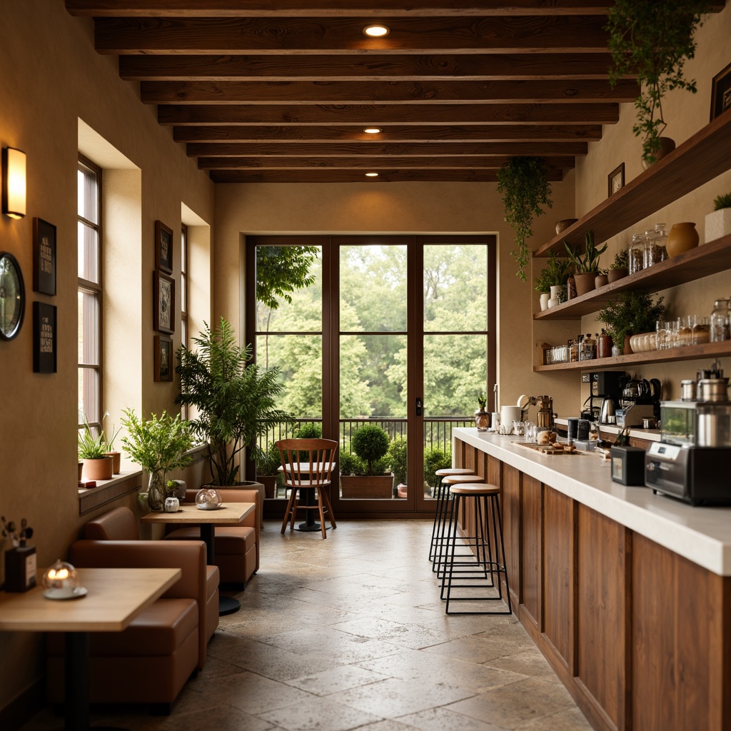 Prompt: Cozy coffee shop, warm earthy tones, rich wood accents, comfortable seating areas, soft beige walls, creamy white countertops, vintage metal decorations, aromatic coffee beans, steaming cups, inviting ambiance, natural stone floors, lush greenery, warm golden lighting, shallow depth of field, 3/4 composition, realistic textures, ambient occlusion.