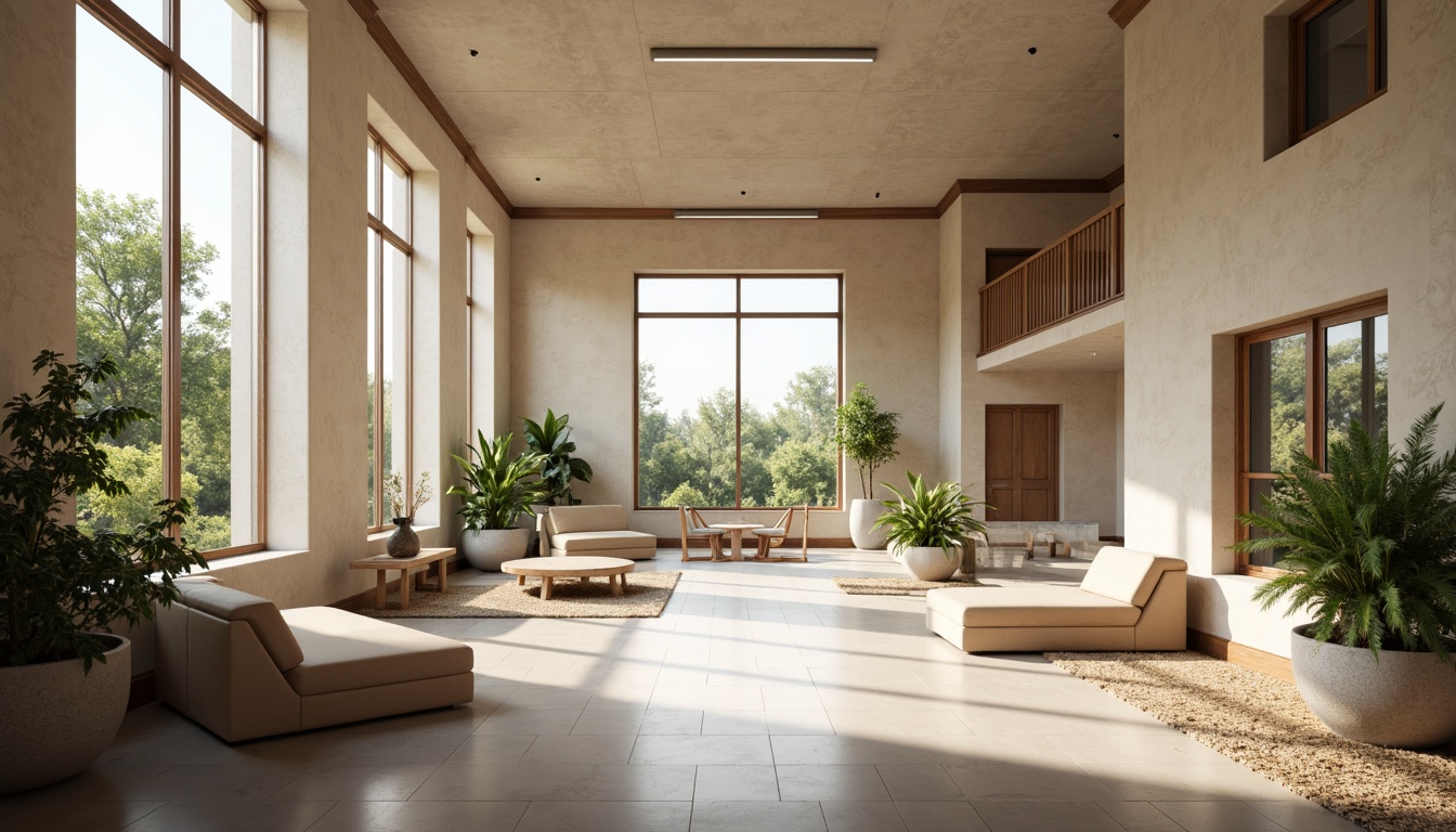 Prompt: Modern academic office, minimalist decor, neutral color palette, calming atmosphere, earthy tones, beige furniture, wooden accents, greenery, plants, natural light, large windows, subtle textures, soft warm lighting, 3/4 composition, shallow depth of field, realistic rendering.