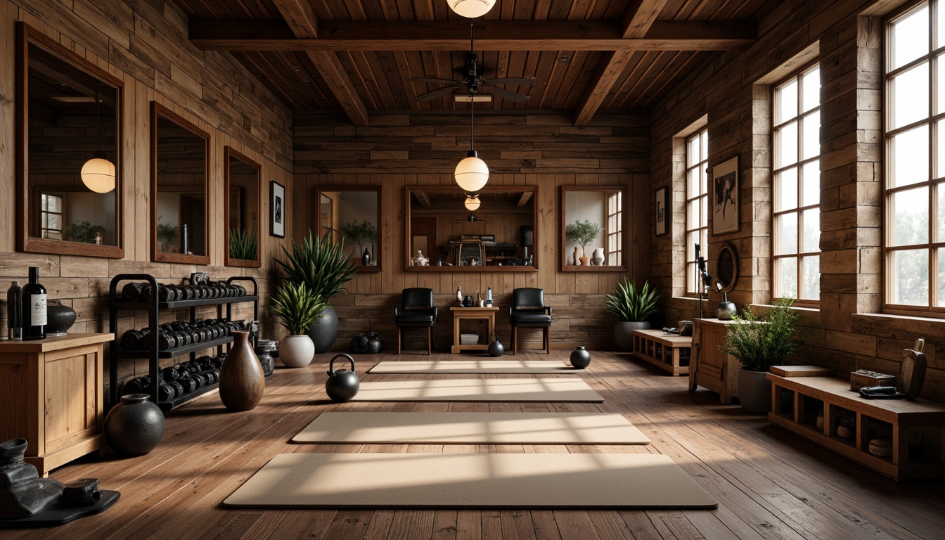 Prompt: Rustic home gym, traditional style, wooden flooring, dark stained planks, matte finish, natural textures, athletic equipment, dumbbells, kettlebells, exercise mats, mirrored walls, warm lighting, cozy atmosphere, vintage-inspired decor, distressed wood accents, earthy tones, soft shadows, 1/1 composition, realistic reflections, ambient occlusion.