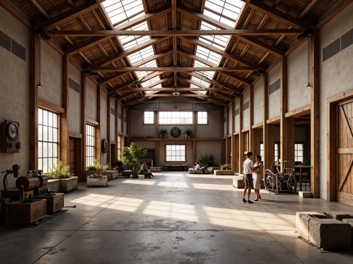 Prompt: Rustic distribution center, exposed wooden beams, earthy tones, natural stone walls, reclaimed wood accents, industrial metal fixtures, vintage pulley systems, distressed concrete floors, high ceilings, clerestory windows, abundant natural light, warm softbox lighting, shallow depth of field, 2/3 composition, realistic textures, ambient occlusion.