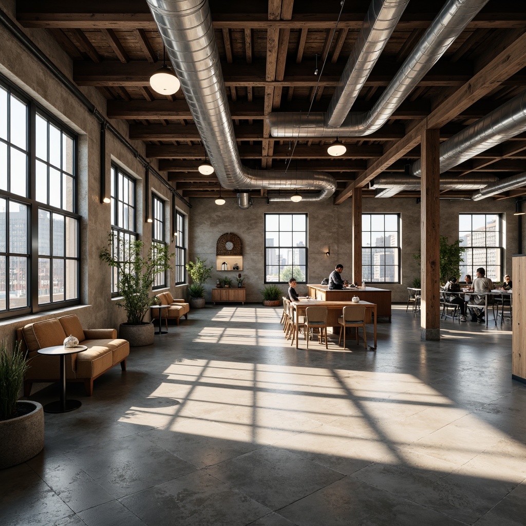 Prompt: Exposed ductwork, industrial pipes, raw concrete floors, metal beams, minimalist decor, reclaimed wood accents, Edison bulb lighting, urban loft atmosphere, open-plan layout, functional zones, collaborative workspaces, modern brutalist architecture, natural light pouring in, airy atmosphere, 1/1 composition, high-angle shot, dramatic shadows, realistic textures.