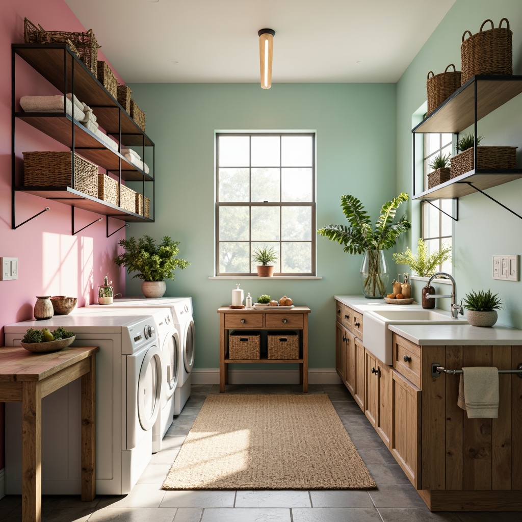 Prompt: Vibrant laundry room, pastel pink accents, soft mint green walls, sleek chrome fixtures, modern farmhouse sink, distressed wood cabinetry, woven baskets, natural stone flooring, abundant natural light, warm beige countertops, industrial-style metal shelves, stylish pendant lighting, cozy plush area rug, gentle morning ambiance, soft focus blur, 1/1 composition, realistic textures.