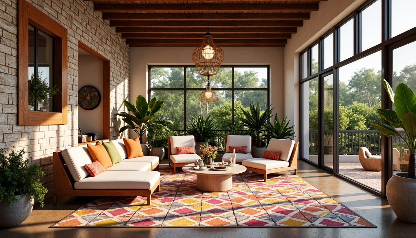 Prompt: Vibrant sunroom, stylish tile patterns, geometric shapes, Moroccan-inspired designs, bold colorful accents, natural stone walls, large windows, sliding glass doors, lush greenery, tropical plants, warm sunny day, soft diffused lighting, shallow depth of field, 1/1 composition, realistic textures, ambient occlusion.