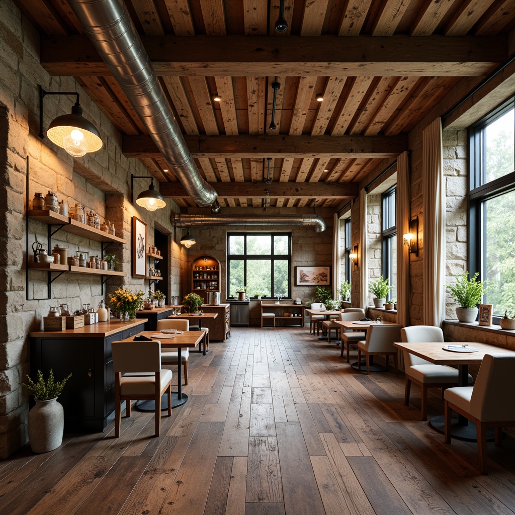 Prompt: Rustic wooden ceiling beams, exposed ductwork, industrial-chic aesthetic, reclaimed wood accents, natural stone walls, earthy color palette, cozy ambiance, warm lighting, comfortable seating areas, vintage decorative items, distressed finishes, traditional architectural details, symmetrical composition, soft focus, atmospheric perspective.