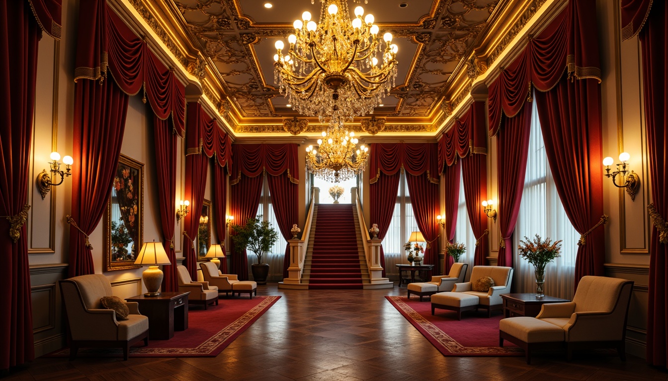 Prompt: Ornate chandeliers, crystal droplets, warm golden lighting, lavish furnishings, rich velvet drapes, intricately carved wooden panels, gilded mirrors, ornamental ceilings, grand staircases, opulent fabrics, soft warm glow, subtle shadows, dramatic spotlights, 1/2 composition, low-key lighting, realistic reflections, ambient occlusion.