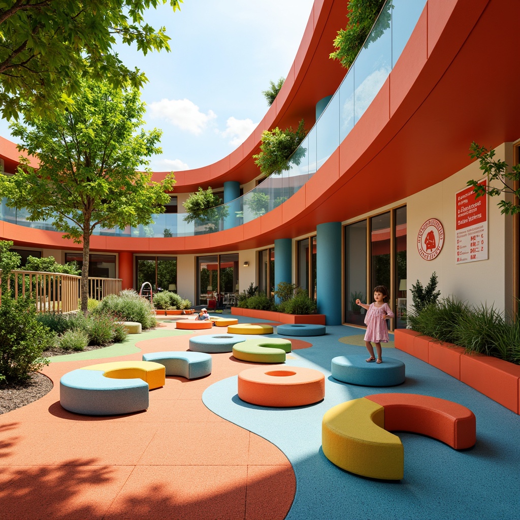 Prompt: Vibrant kindergarten playground, modern minimalist architecture, curved lines, bold color schemes, interactive play equipment, sensory-rich environments, textured rubber flooring, soft padded walls, educational signage, natural light-filled classrooms, circular reading nooks, cozy corners, wooden accents, flexible seating arrangements, collaborative workspaces, immersive art installations, whimsical murals, playful typography, creative building blocks, manipulative toys, outdoor exploration zones, secure fencing systems, shade-providing canopies, lush greenery surroundings, sunny day ambiance, soft warm lighting, shallow depth of field, 3/4 composition, panoramic view, realistic textures, ambient occlusion.