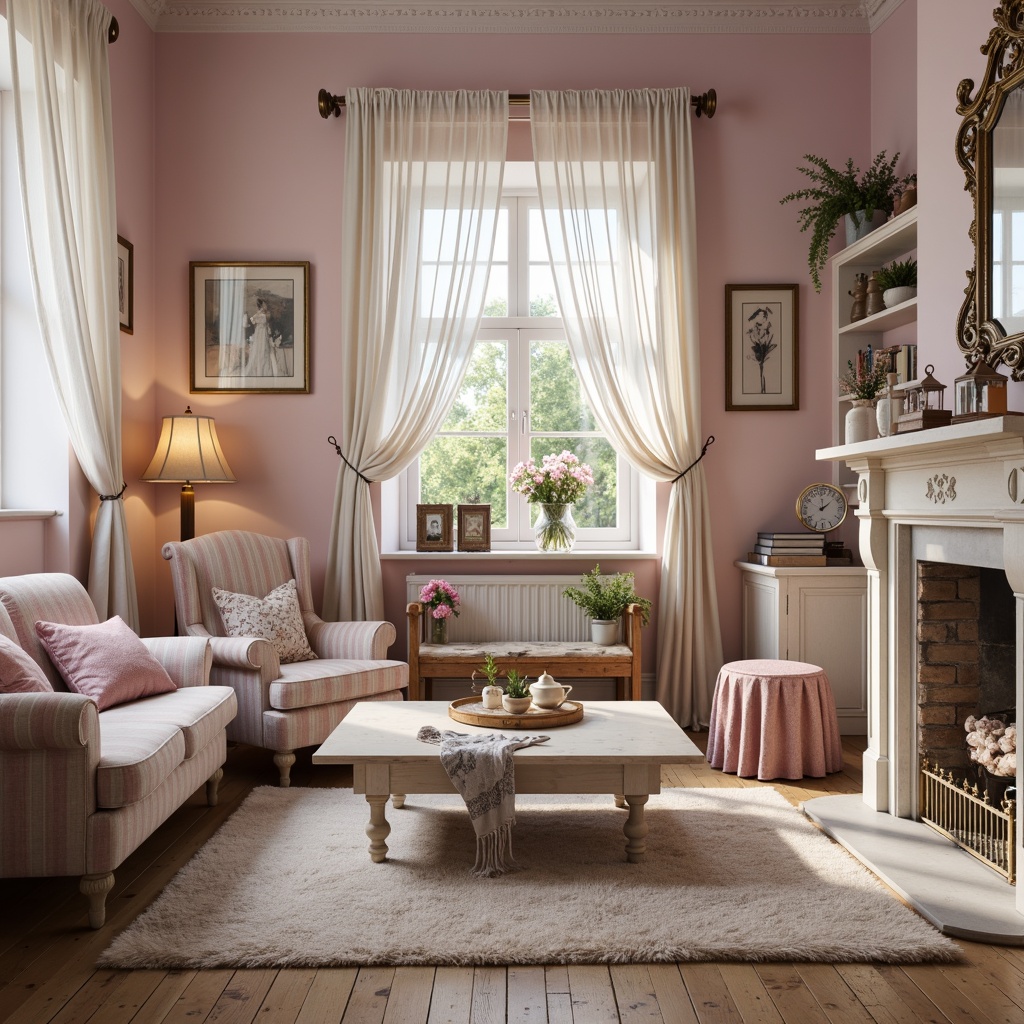 Prompt: Soft, feminine shabby-chic interior, distressed wood furniture, vintage decorative items, pastel color palette, pale pink walls, creamy whites, mauve accents, lace curtains, floral patterns, ruffled textiles, antique hardware, ornate mirrors, rustic wooden floors, natural lighting, warm candlelight, cozy atmosphere, 1/1 composition, soft focus, romantic ambiance.