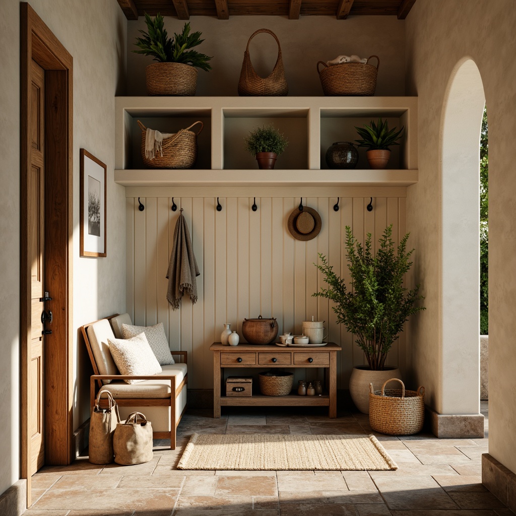 Prompt: Rustic mudroom, earthy tones, natural materials, wooden accents, stone flooring, woven baskets, vintage metal hooks, warm beige walls, soft cream trim, rich brown furniture, distressed wood textures, cozy atmosphere, functional storage, industrial-style lighting, shallow depth of field, 1/1 composition, realistic shadows, ambient occlusion.