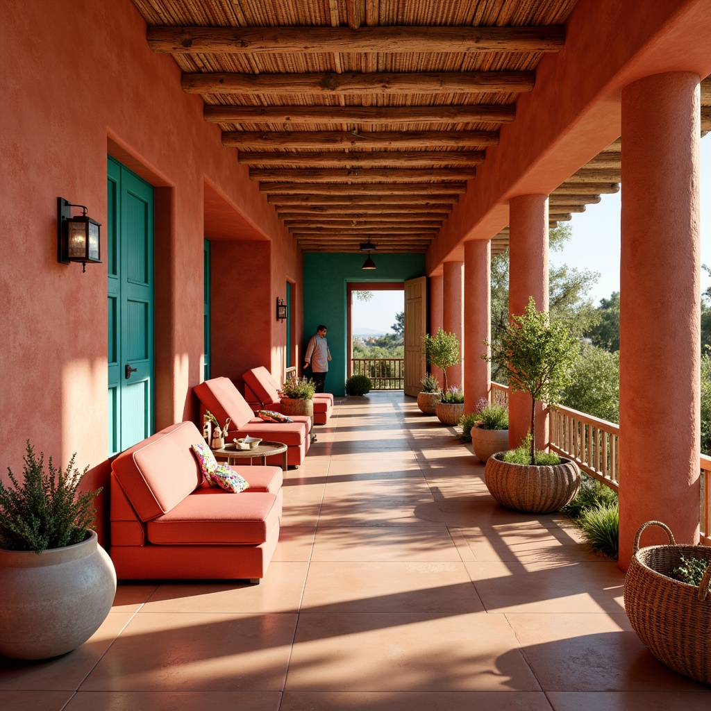 Prompt: Warm adobe red walls, earthy terracotta floors, turquoise accent walls, sandy beige ceilings, vibrant coral-colored furniture, natural wood textures, woven wicker baskets, colorful Aztec-inspired patterns, geometric shapes, desert landscape views, bright sunny day, warm golden lighting, shallow depth of field, 1/1 composition, realistic textures, ambient occlusion.