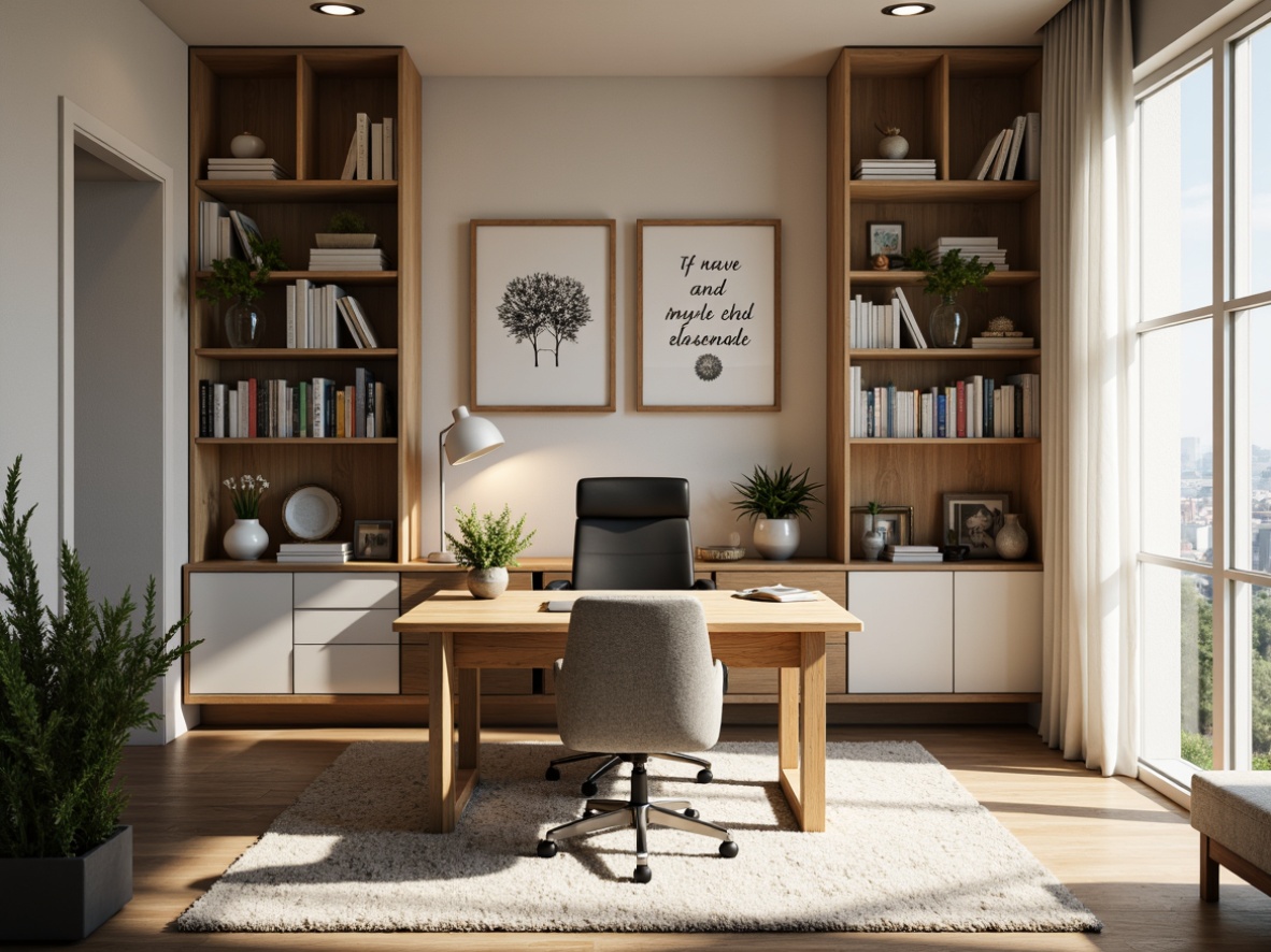 Prompt: Cozy home office, wooden desk, comfortable ergonomic chair, built-in bookshelves, warm task lighting, softbox lights, natural daylight, floor-to-ceiling windows, sheer curtains, modern minimalist decor, calming color scheme, creamy whites, soothing blues, gentle greens, warm beige tones, rustic wood accents, plush area rug, soft background music, subtle aromas, elegant pen holders, inspirational quotes, motivational artwork, 1/1 composition, intimate atmosphere, shallow depth of field, realistic textures.