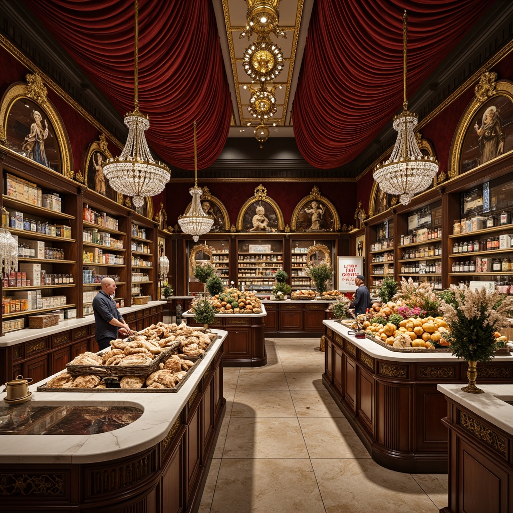 Prompt: Ornate Rococo grocery store interior, luxurious velvet drapes, golden ornamental mirrors, crystal chandeliers, intricate wooden carvings, curved mahogany shelves, marble countertops, ornate metalwork, gilded accents, lavish decorative patterns, soft warm lighting, shallow depth of field, 1/1 composition, realistic textures, ambient occlusion, vintage-inspired furniture, distressed wood finishes, rich jewel-toned color scheme, elegant typography, luxurious product displays.