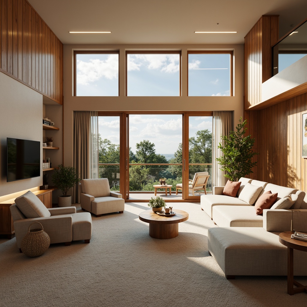 Prompt: Cozy living room, plush furniture, warm beige walls, soft carpet flooring, natural wood accents, floor-to-ceiling windows, sliding glass doors, scenic outdoor views, task lighting, comfortable reading nooks, functional storage units, minimalist decor, calm atmosphere, soothing color palette, ergonomic seating, ample legroom, cleverly hidden technology, acoustic soundproofing, 1/1 composition, warm softbox lighting, realistic textures, ambient occlusion.