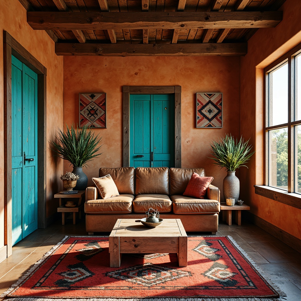 Prompt: Vibrant turquoise accents, woven Navajo patterns, earthy terracotta tones, distressed leather upholstery, rough-hewn wooden furniture, rustic metal adornments, vibrant colorful blankets, geometric Aztec-inspired motifs, natural fiber rugs, soft warm lighting, shallow depth of field, 3/4 composition, panoramic view, realistic textures, ambient occlusion.