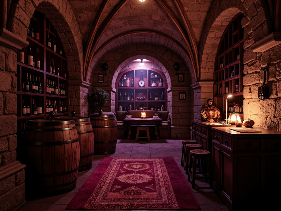 Prompt: Rich, dark wine cellar, medieval Gothic architecture, stone walls, vaulted ceilings, ornate wooden furniture, dimly lit ambiance, warm candlelight, mysterious shadows, luxurious velvety textures, deep crimson reds, rich berry tones, earthy brown hues, metallic gold accents, subtle purple undertones, dramatic chiaroscuro lighting, atmospheric mist, eerie silence, opulent tapestries, antique wooden barrels, vintage wine bottles, ornate metalwork, mystical ambiance.