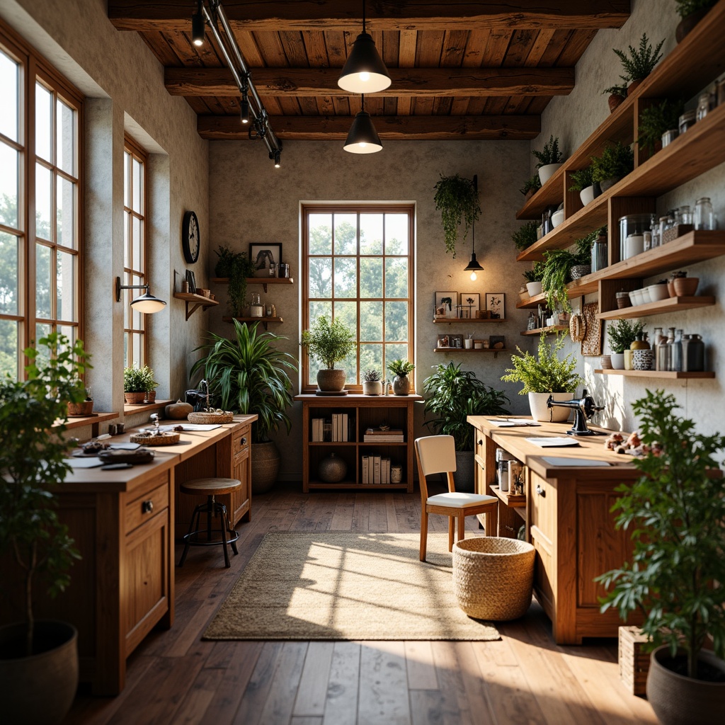 Prompt: Cozy craft studio, wooden workbenches, scattered tools, vintage sewing machines, rustic wooden crates, earthy color palette, warm soft lighting, pendant lamps, metal shades, exposed brick walls, distressed wood accents, natural textiles, woven baskets, abundant plants, morning sunlight, gentle shadows, 1/1 composition, shallow depth of field, realistic renderings, ambient occlusion.